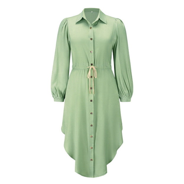 Long-Sleeved British Temperament Shirt Dress Mid-Length Tie Waist Dress