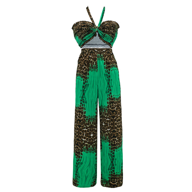 Slim Fitting Bra Hanging Neck Top Printed Wide Leg Pants Casual Fashion Pants Set