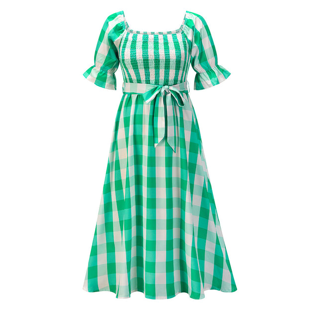 Summer Slim-Fit Off-the-Shoulder Plaid Print Beach Dress