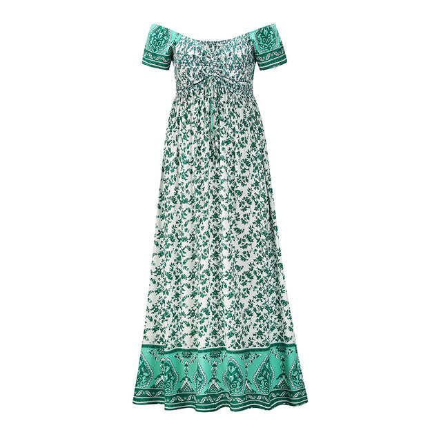 New Short Sleeve Floral Open Back Waist A-Line Dress