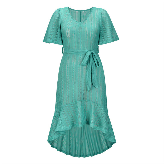 Summer New v-Neck Sexy Summer Beach Hollow Belt Dress