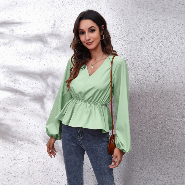 Lantern Sleeve Chiffon Shirt Solid Color V-Neck Long-Sleeved Women's Top