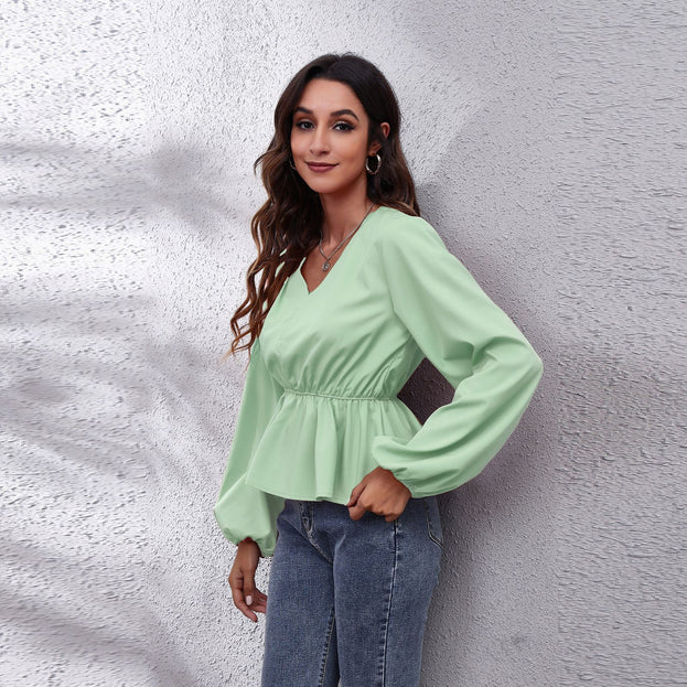 Lantern Sleeve Chiffon Shirt Solid Color V-Neck Long-Sleeved Women's Top