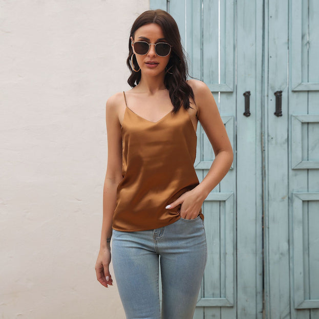 Satin Imitation Silk V-Neck Camisole Women's Outerwear Halter Top