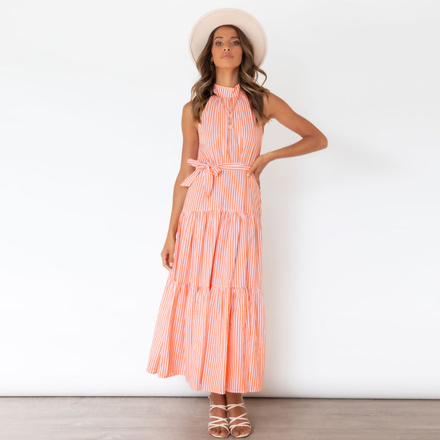 New Striped Halterneck Dress Slim Dress
