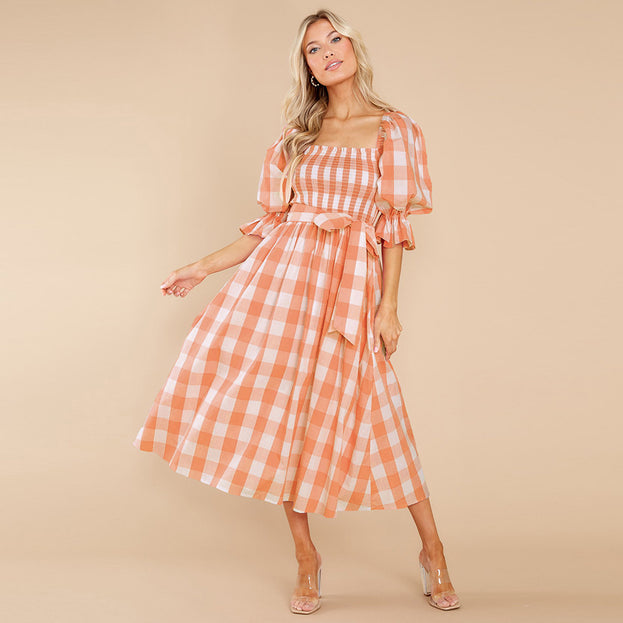 Summer Slim-Fit Off-the-Shoulder Plaid Print Beach Dress
