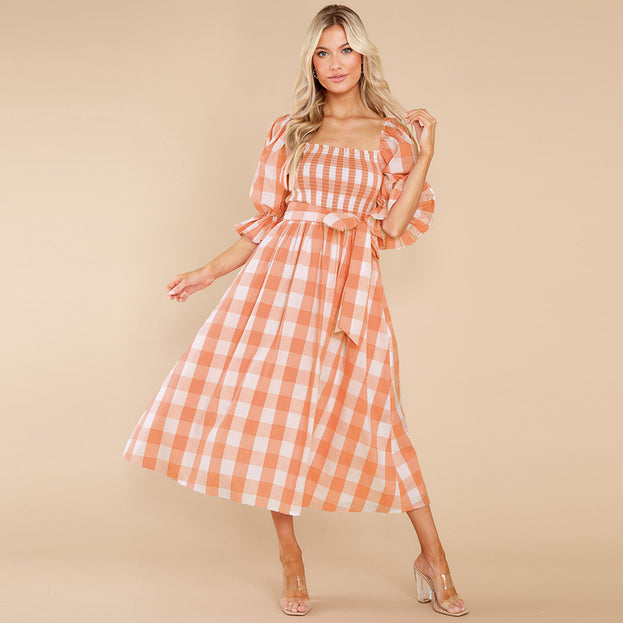 Summer Slim-Fit Off-the-Shoulder Plaid Print Beach Dress