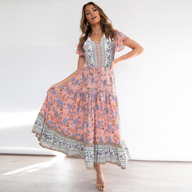Spring and Summer New Floral Dress Plus Size V-Neck Sexy Dress