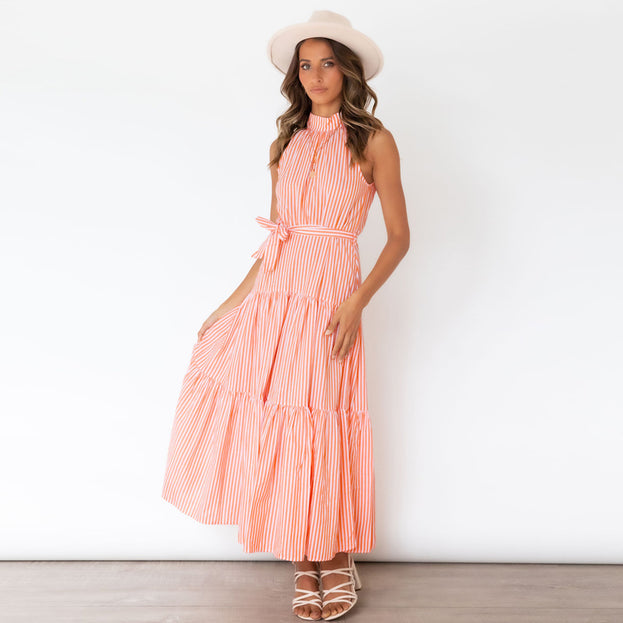 New Striped Halterneck Dress Slim Dress