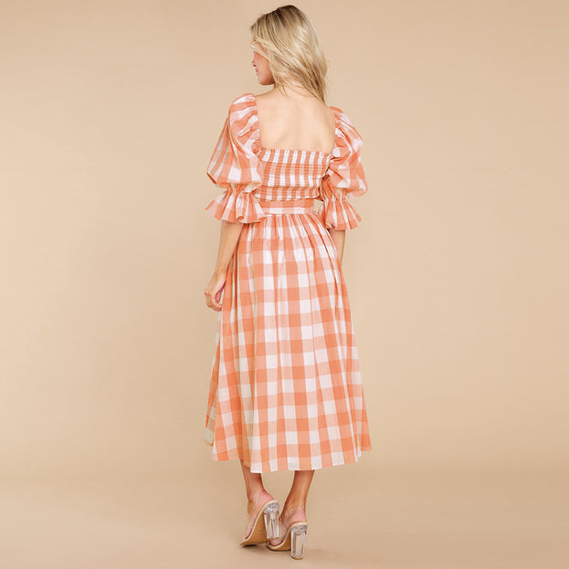 Summer Slim-Fit Off-the-Shoulder Plaid Print Beach Dress