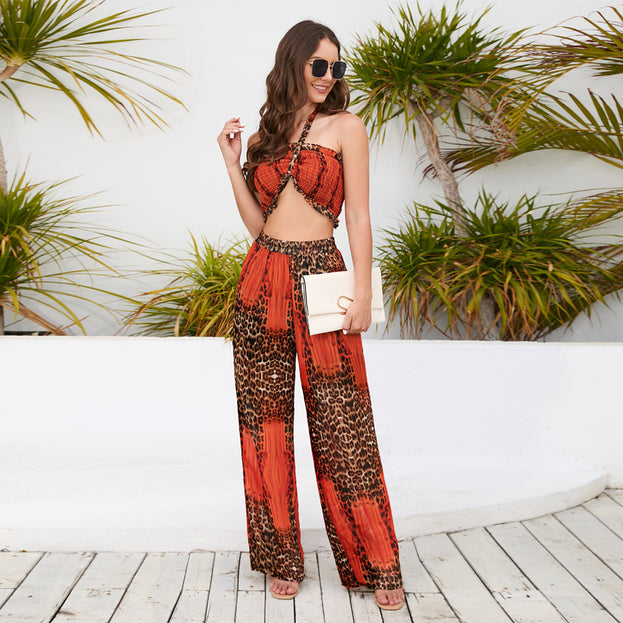 Slim Fitting Bra Hanging Neck Top Printed Wide Leg Pants Casual Fashion Pants Set