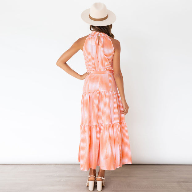 New Striped Halterneck Dress Slim Dress