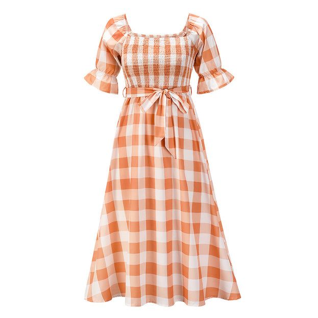 Summer Slim-Fit Off-the-Shoulder Plaid Print Beach Dress