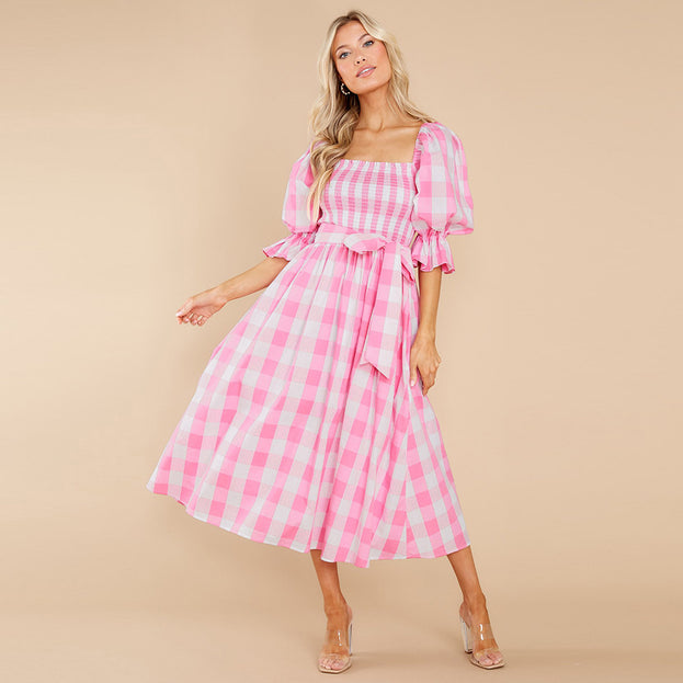 Summer Slim-Fit Off-the-Shoulder Plaid Print Beach Dress