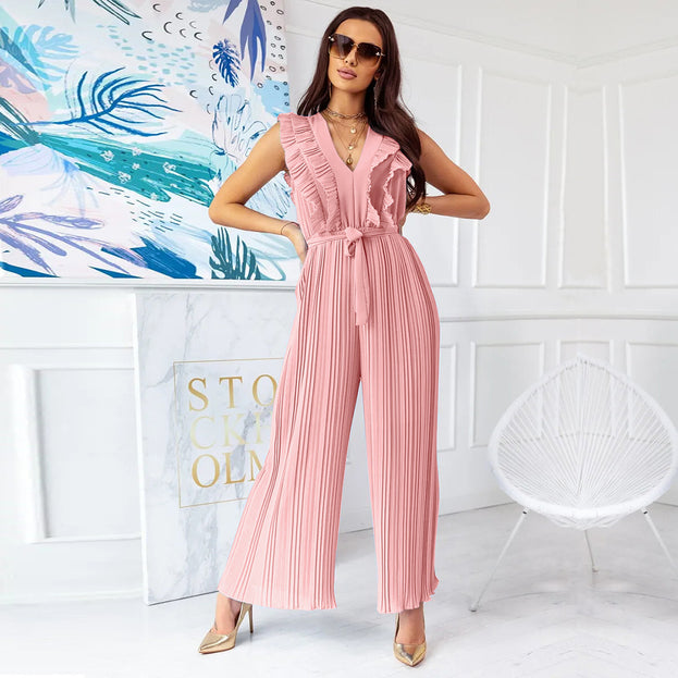 High Waist Pleated Jumpsuit Wide Leg Pants V Neck Jumpsuits