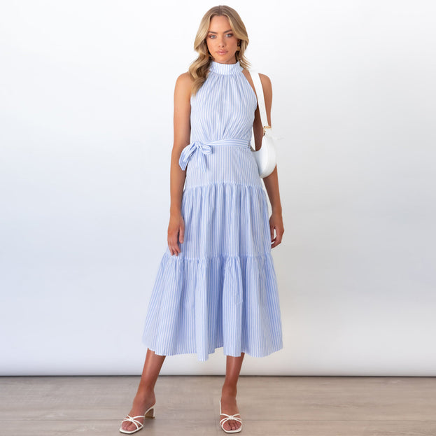 New Striped Halterneck Dress Slim Dress