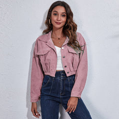 Women's Corduroy Jacket Autumn Winter Dropped Shoulders Long Sleeve Short Coat