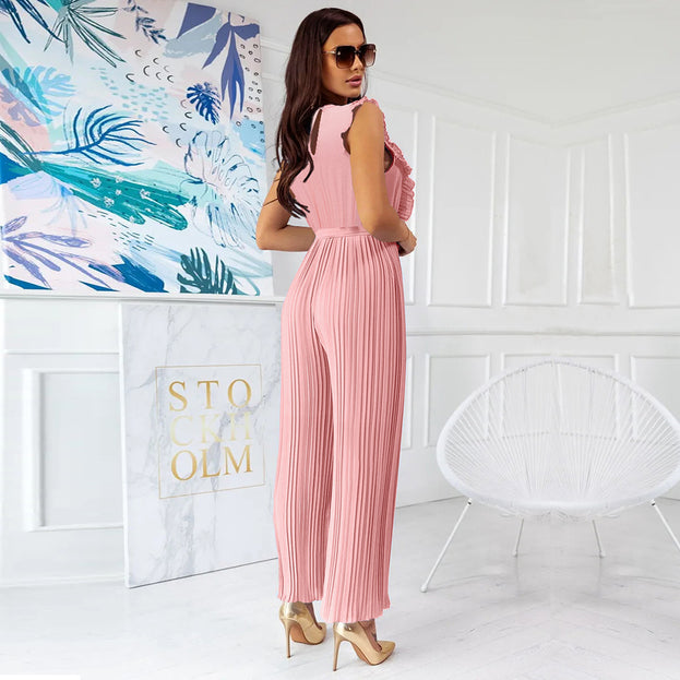 High Waist Pleated Jumpsuit Wide Leg Pants V Neck Jumpsuits