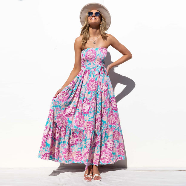 Wrapped chest sexy tie dress summer 2023 floral dress