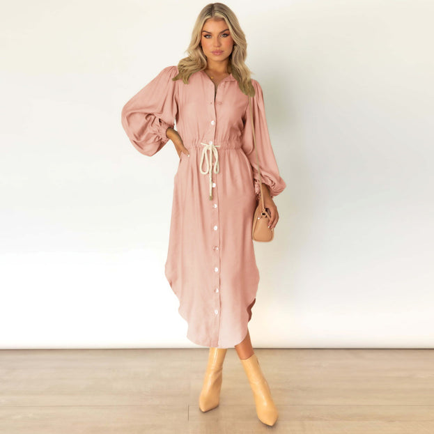 Long-Sleeved British Temperament Shirt Dress Mid-Length Tie Waist Dress