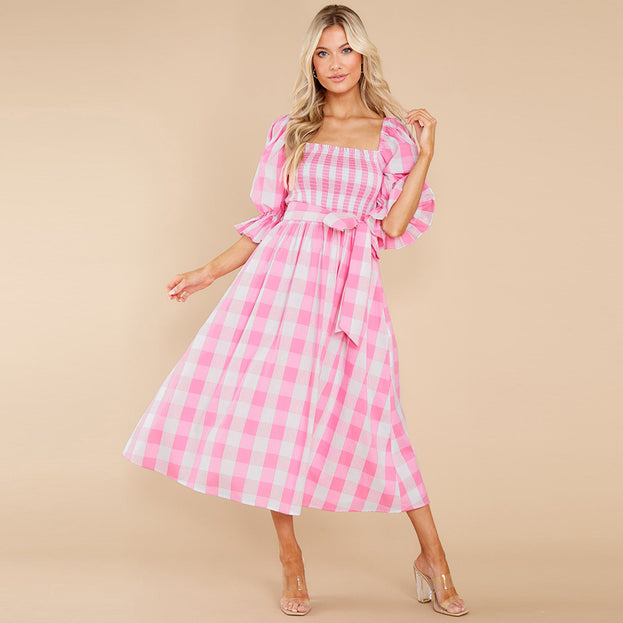 Summer Slim-Fit Off-the-Shoulder Plaid Print Beach Dress