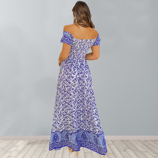 New Short Sleeve Floral Open Back Waist A-Line Dress