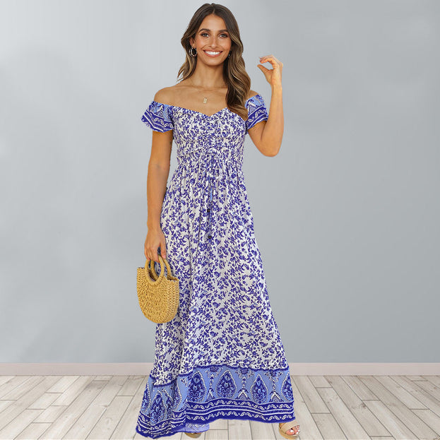 New Short Sleeve Floral Open Back Waist A-Line Dress