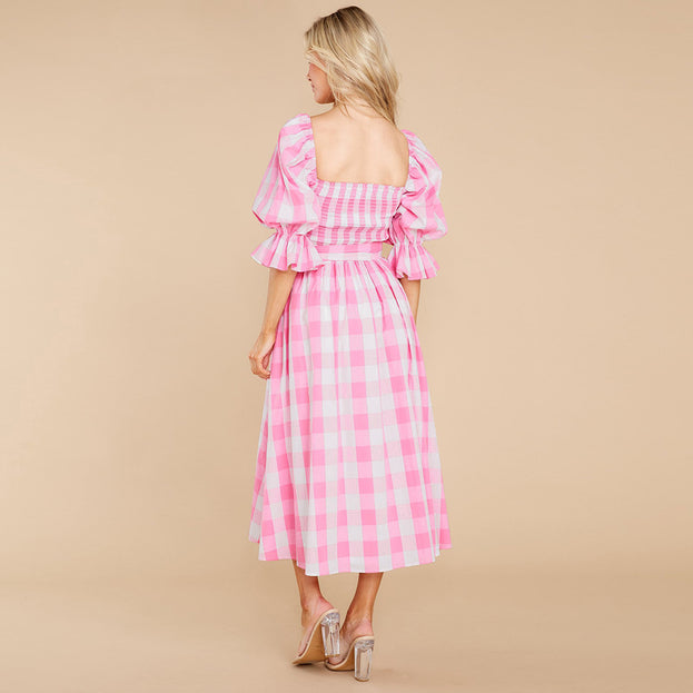 Summer Slim-Fit Off-the-Shoulder Plaid Print Beach Dress