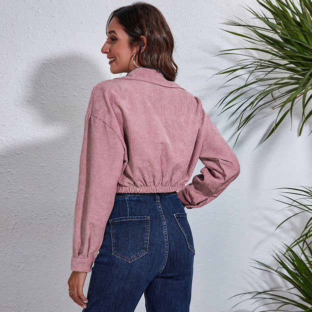 Women's Corduroy Jacket Autumn Winter Dropped Shoulders Long Sleeve Short Coat