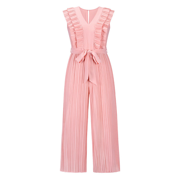 High Waist Pleated Jumpsuit Wide Leg Pants V Neck Jumpsuits