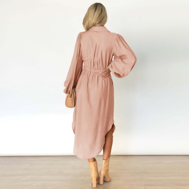 Long-Sleeved British Temperament Shirt Dress Mid-Length Tie Waist Dress