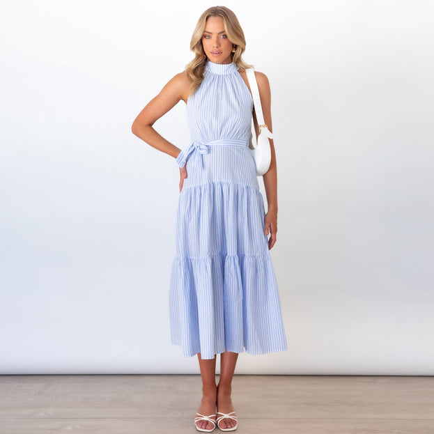 New Striped Halterneck Dress Slim Dress