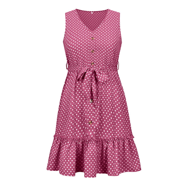 Polka Dot Waist Slimming Sleeveless Vest Dress V-Neck Temperament Button Short Skirt