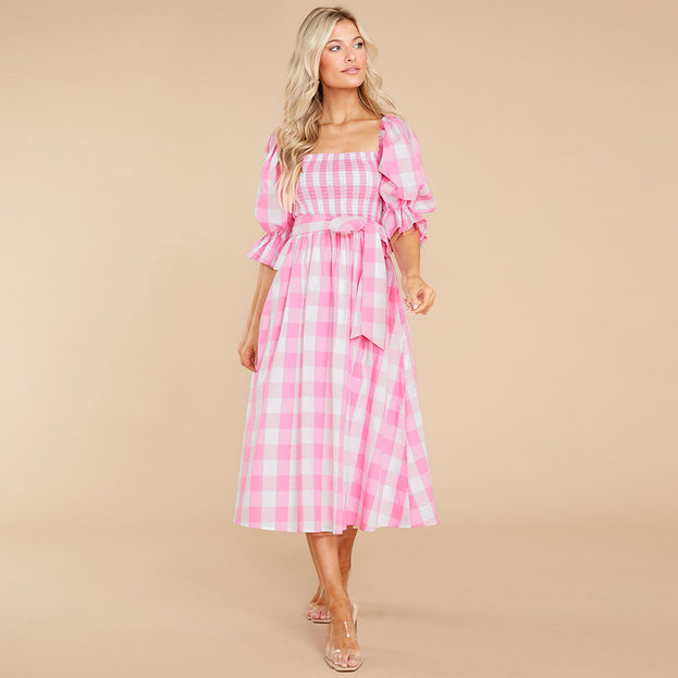 Summer Slim-Fit Off-the-Shoulder Plaid Print Beach Dress