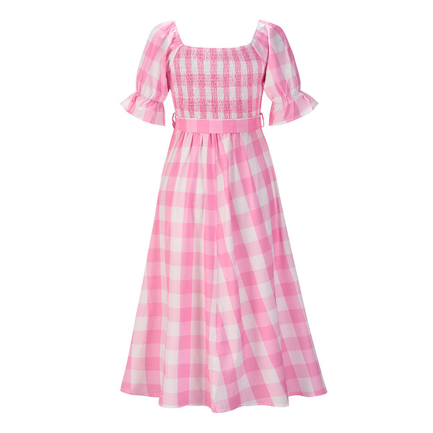 Summer Slim-Fit Off-the-Shoulder Plaid Print Beach Dress