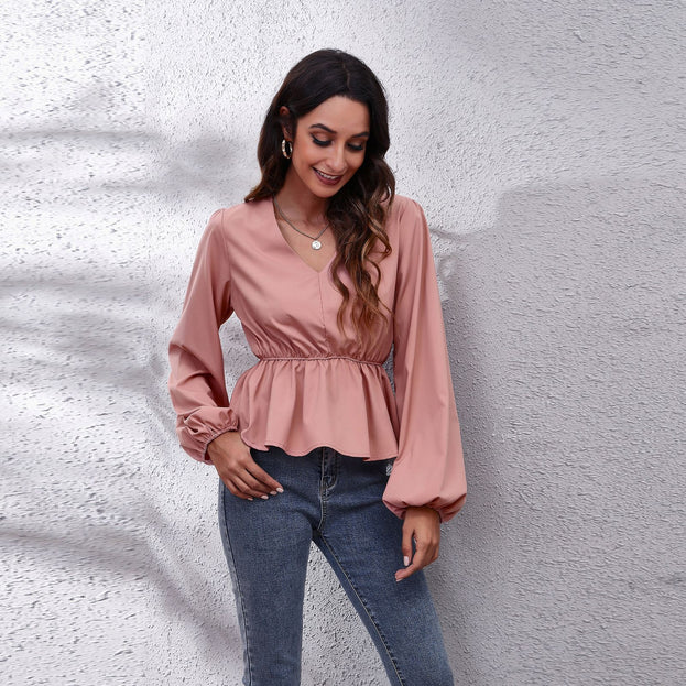 Lantern Sleeve Chiffon Shirt Solid Color V-Neck Long-Sleeved Women's Top
