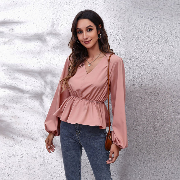 Lantern Sleeve Chiffon Shirt Solid Color V-Neck Long-Sleeved Women's Top