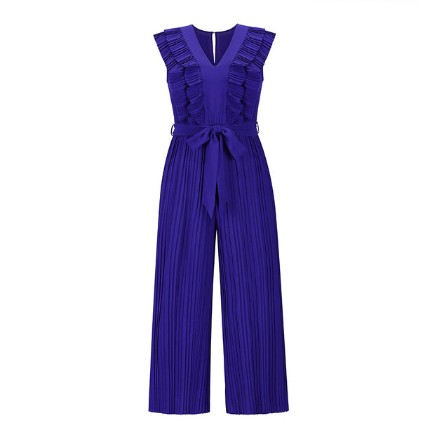 High Waist Pleated Jumpsuit Wide Leg Pants V Neck Jumpsuits