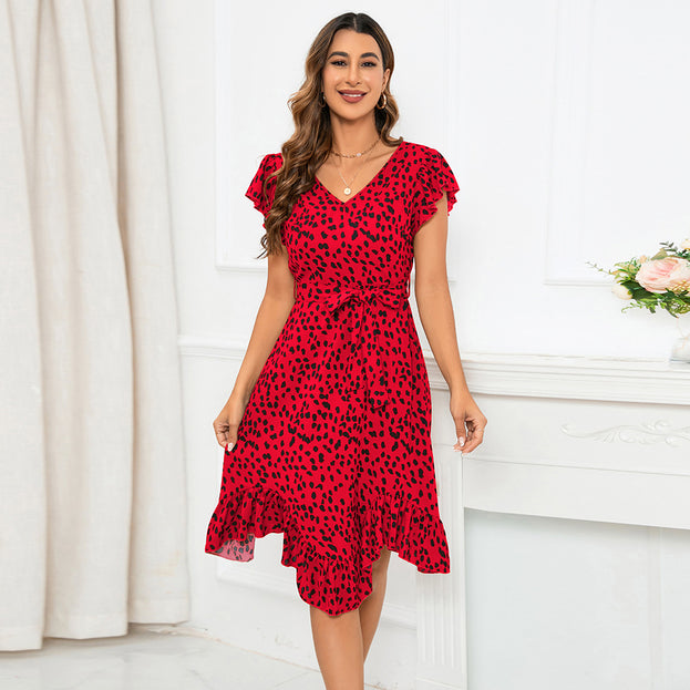 V-Neck Ruffle Short Sleeved Leopard Print Skirt with Irregular Hem Dress