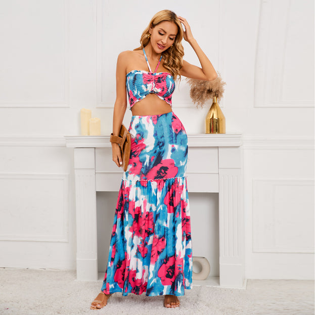 Sexy Bohemian Printed Dress with Cable Hanging Neck Top+Wrapped Hip Fishtail Skirt