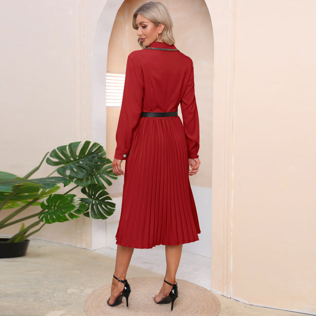 Slim Long Sleeve Belt Dress Mid Length Pleated Skirt