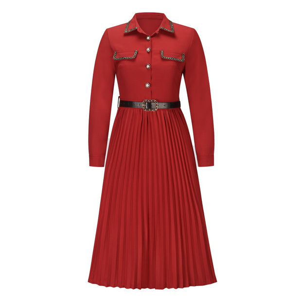 Slim Long Sleeve Belt Dress Mid Length Pleated Skirt