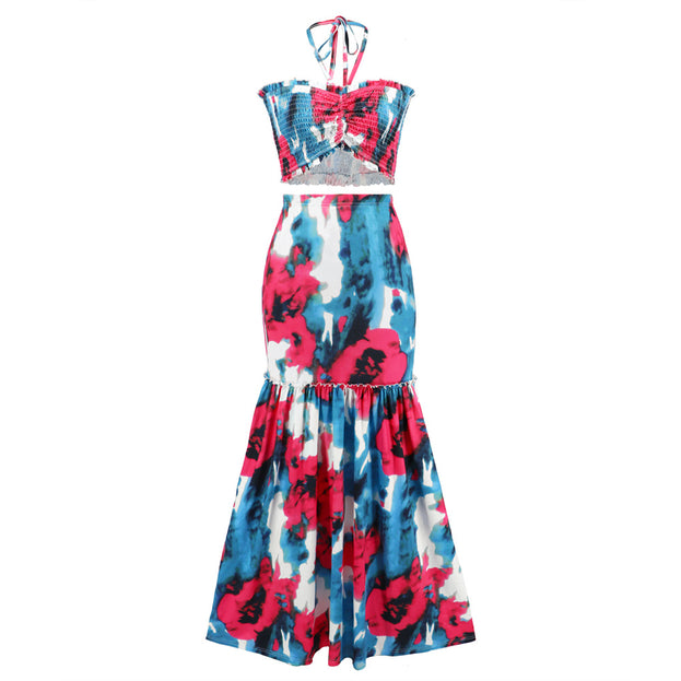 Sexy Bohemian Printed Dress with Cable Hanging Neck Top+Wrapped Hip Fishtail Skirt