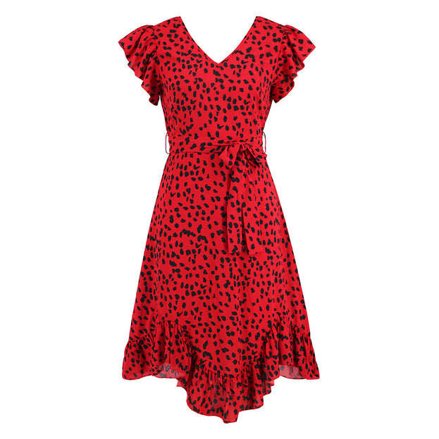 V-Neck Ruffle Short Sleeved Leopard Print Skirt with Irregular Hem Dress