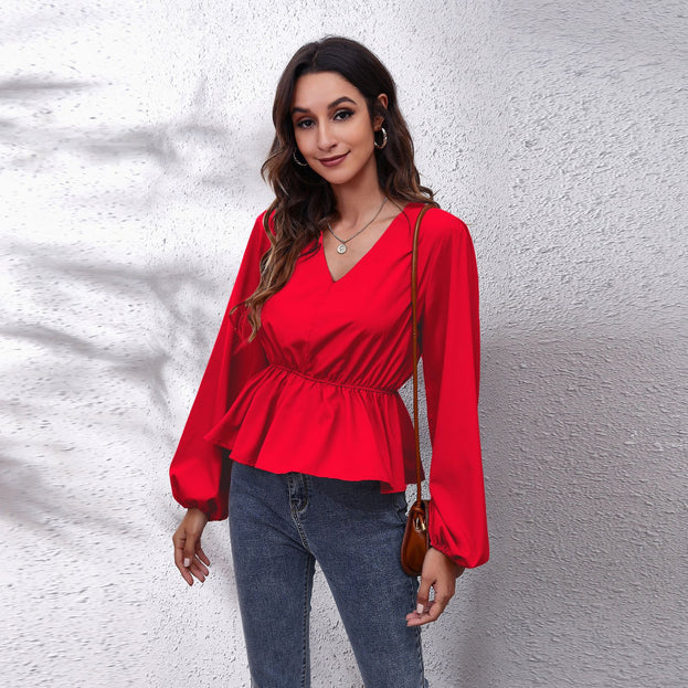 Lantern Sleeve Chiffon Shirt Solid Color V-Neck Long-Sleeved Women's Top