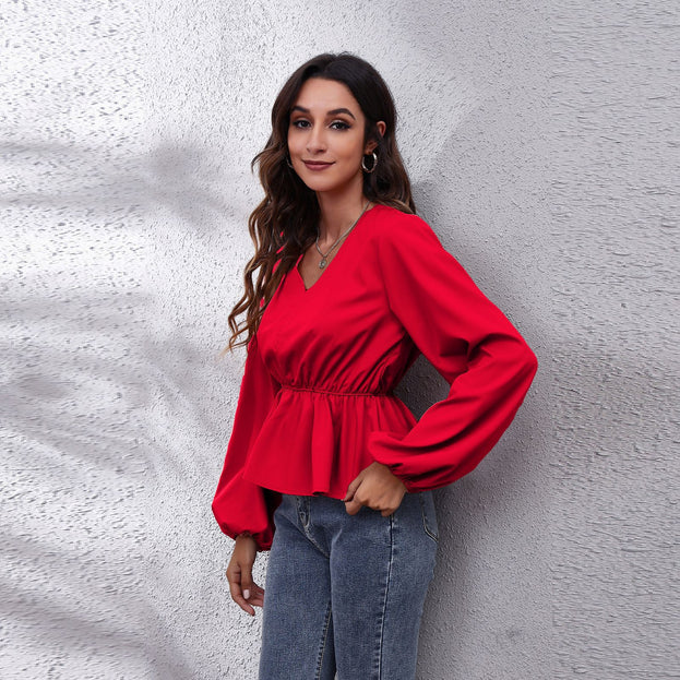 Lantern Sleeve Chiffon Shirt Solid Color V-Neck Long-Sleeved Women's Top