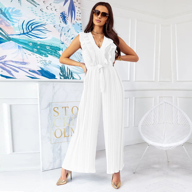 High Waist Pleated Jumpsuit Wide Leg Pants V Neck Jumpsuits