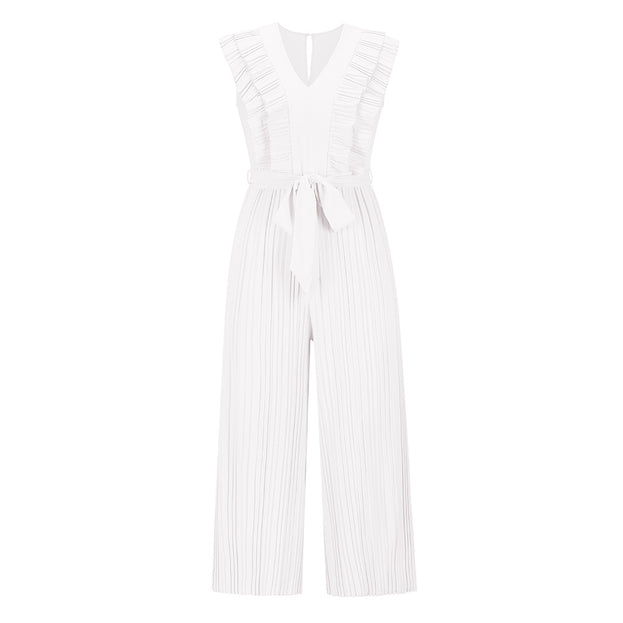 High Waist Pleated Jumpsuit Wide Leg Pants V Neck Jumpsuits