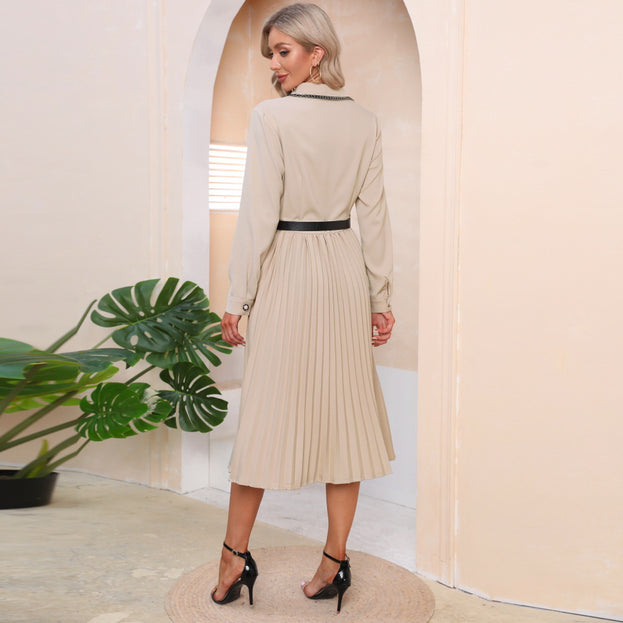 Slim Long Sleeve Belt Dress Mid Length Pleated Skirt