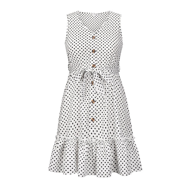 Polka Dot Waist Slimming Sleeveless Vest Dress V-Neck Temperament Button Short Skirt